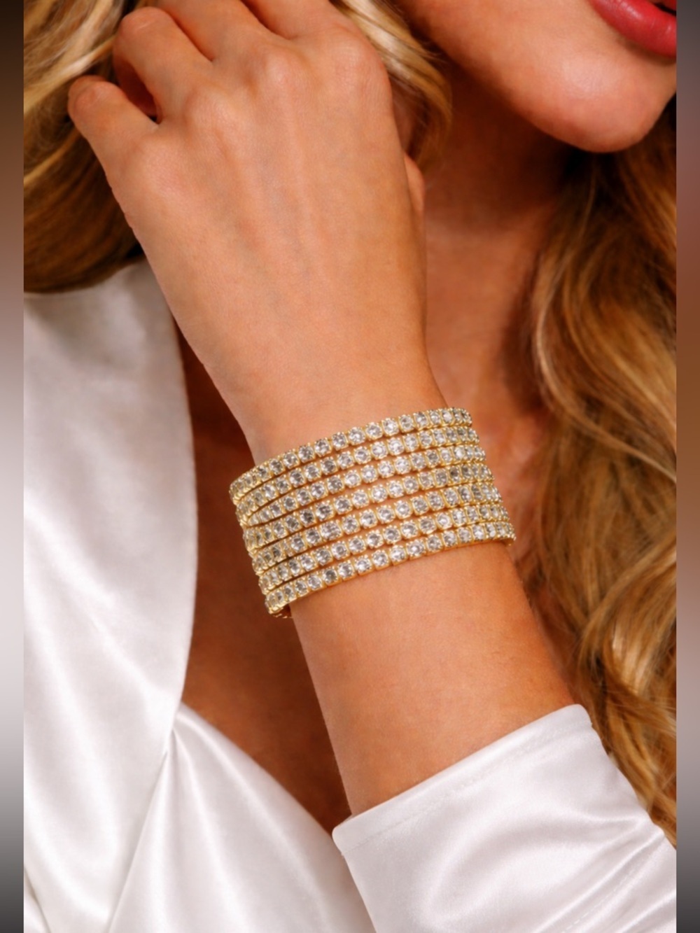 Gold Tone 8-Row Rhinestone Cuff Crystal Wrap 
Sparkle Glam Luxury Bracelet NWT